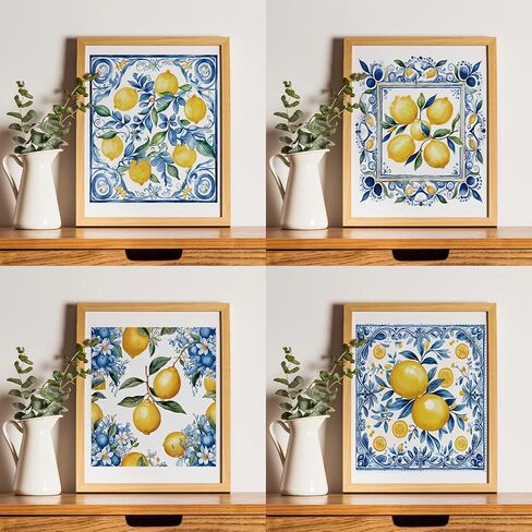 JXREQ Blue Chinoiserie Mediterranean Lemon Wall Wall Decor for Home Kitchen غرفة المعيشة غرفة الطعام الحمام ، ديكور حفلات الليمون المتوسطية ، 8 × 10 بوصة دون إطاره in Kuwait