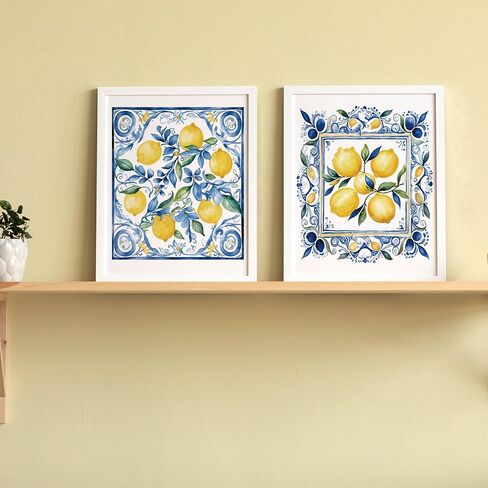 JXREQ Blue Chinoiserie Mediterranean Lemon Wall Wall Decor for Home Kitchen غرفة المعيشة غرفة الطعام الحمام ، ديكور حفلات الليمون المتوسطية ، 8 × 10 بوصة دون إطاره in Kuwait