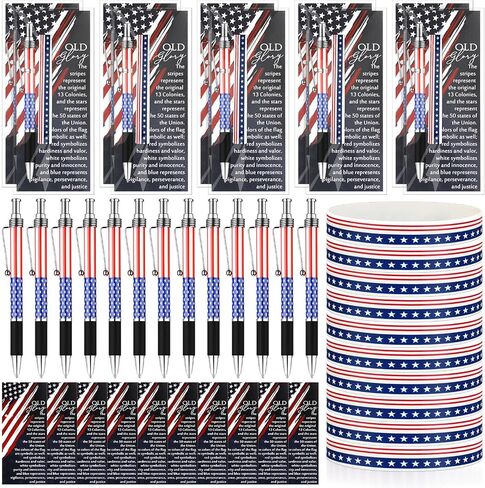 60 Pcs American Flag Ballpoint Pens Red White Blue Patriotic Stars Stripes Stationery Gift Silicone Wristband Bookmarks for Veterans Memorial Day in Saudi Arabia
