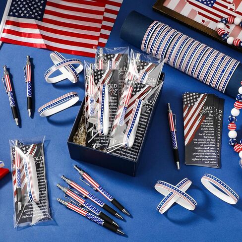 60 Pcs American Flag Ballpoint Pens Red White Blue Patriotic Stars Stripes Stationery Gift Silicone Wristband Bookmarks for Veterans Memorial Day in Saudi Arabia