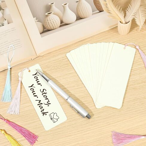 102 pcs Blank Bookmarks with Colorful Tassels – 350gsm Cardstock Bookmark Blanks for DIY Crafts, Holiday Gift Tags, Classroom Projects & Reading Rewards – 5.5 x 2 inch Bookmark Kit (Ivory White) in Saudi Arabia