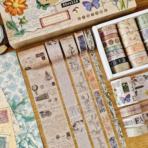 32 Rolls Vintage Washi Tape ، Teeshetic Colored Decorative Cute Scrapbook Tape for Scrapbooking Supplies Journaling Journing Junk Journal in Kuwait