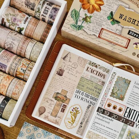 32 Rolls Vintage Washi Tape ، Teeshetic Colored Decorative Cute Scrapbook Tape for Scrapbooking Supplies Journaling Journing Junk Journal in Kuwait