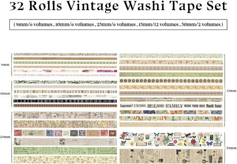 32 Rolls Vintage Washi Tape ، Teeshetic Colored Decorative Cute Scrapbook Tape for Scrapbooking Supplies Journaling Journing Junk Journal in Kuwait