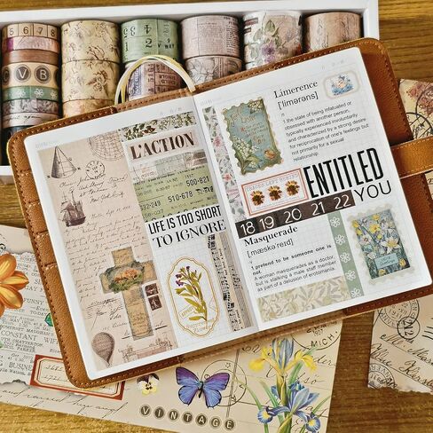 32 Rolls Vintage Washi Tape ، Teeshetic Colored Decorative Cute Scrapbook Tape for Scrapbooking Supplies Journaling Journing Junk Journal in Kuwait