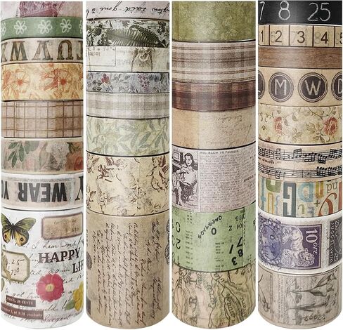 32 Rolls Vintage Washi Tape ، Teeshetic Colored Decorative Cute Scrapbook Tape for Scrapbooking Supplies Journaling Journing Junk Journal in Kuwait