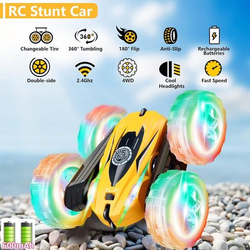 FREE TO FLY Remote Control Car For Boys: Kids RC Stunt Cars Toy with Headlights & WheelLights Double-Sided Driving 360°Flip Rotating Car Toys Gifts Presents for Boy Girls Age 6 7 8 9 10 11 12 Year Old in Saudi Arabia