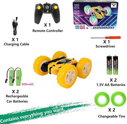 FREE TO FLY Remote Control Car For Boys: Kids RC Stunt Cars Toy with Headlights & WheelLights Double-Sided Driving 360°Flip Rotating Car Toys Gifts Presents for Boy Girls Age 6 7 8 9 10 11 12 Year Old in Saudi Arabia