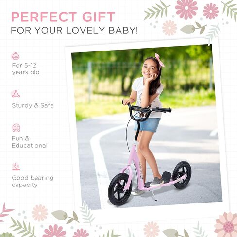 Homcom Kick Scooter for Kids من 5 إلى 12 عامًا ، ودراجة نارية Big Wheel مع مقود قابل للتعديل ، ومكابح قدم غير قابلة للانزلاق ، والفرامل الخلفية in Kuwait