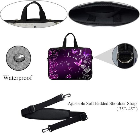 Meffort Inc 12 Inch Neoprene Laptop Sleeve Bag - Water Resistant, Hidden Handle, Adjustable Shoulder Strap, Dual Zipper, Fits Up to 11.6" 12" Laptops - Purple Butterflies in Kuwait