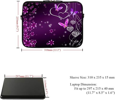 Meffort Inc 12 Inch Neoprene Laptop Sleeve Bag - Water Resistant, Hidden Handle, Adjustable Shoulder Strap, Dual Zipper, Fits Up to 11.6" 12" Laptops - Purple Butterflies in Kuwait