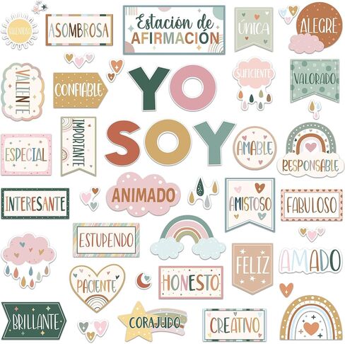 44 Pcs Affirmation Station Spanish Bulletin Board Set Motivational Posters Classroom Mirror Growth Mindset Decor Positive Affirmations Accents Cutouts for School Office Teacher(Boho) in Saudi Arabia