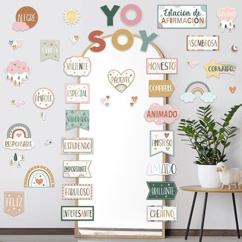 44 Pcs Affirmation Station Spanish Bulletin Board Set Motivational Posters Classroom Mirror Growth Mindset Decor Positive Affirmations Accents Cutouts for School Office Teacher(Boho) in Saudi Arabia