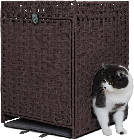 Handwoven Rattan Cat Litter Box Enclosure with Door, Hidden Kitten Washroom with Soft Cat Litter Mat, Indoor Pet House Storage for Living Room, Balcony, Bedroom（Brown） in Saudi Arabia