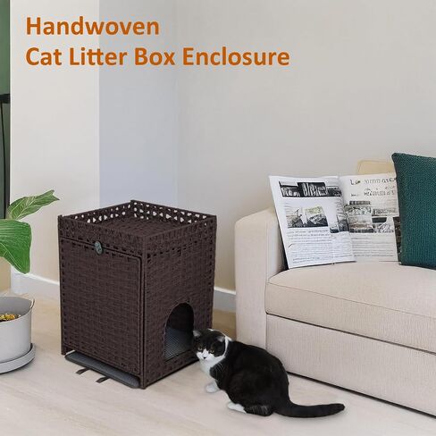 Handwoven Rattan Cat Litter Box Enclosure with Door, Hidden Kitten Washroom with Soft Cat Litter Mat, Indoor Pet House Storage for Living Room, Balcony, Bedroom（Brown） in Saudi Arabia