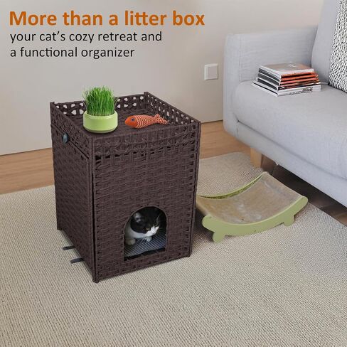 Handwoven Rattan Cat Litter Box Enclosure with Door, Hidden Kitten Washroom with Soft Cat Litter Mat, Indoor Pet House Storage for Living Room, Balcony, Bedroom（Brown） in Saudi Arabia