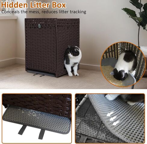Handwoven Rattan Cat Litter Box Enclosure with Door, Hidden Kitten Washroom with Soft Cat Litter Mat, Indoor Pet House Storage for Living Room, Balcony, Bedroom（Brown） in Saudi Arabia