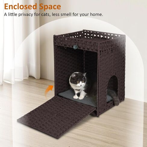 Handwoven Rattan Cat Litter Box Enclosure with Door, Hidden Kitten Washroom with Soft Cat Litter Mat, Indoor Pet House Storage for Living Room, Balcony, Bedroom（Brown） in Saudi Arabia
