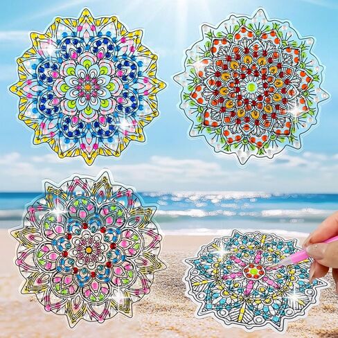 LINGFANG 4 Pcs Diamond Art Stained Glass Window Clings with Diamond DIY Pen Tools, Diamond Painting Window Stickers for Suncatchers, Diamond Art Kits for Adults, Diamond Art Accessories (Mandala 4) in Kuwait