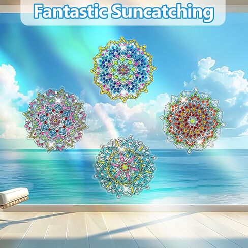 LINGFANG 4 Pcs Diamond Art Stained Glass Window Clings with Diamond DIY Pen Tools, Diamond Painting Window Stickers for Suncatchers, Diamond Art Kits for Adults, Diamond Art Accessories (Mandala 4) in Kuwait