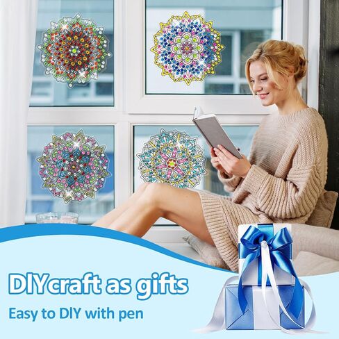 LINGFANG 4 Pcs Diamond Art Stained Glass Window Clings with Diamond DIY Pen Tools, Diamond Painting Window Stickers for Suncatchers, Diamond Art Kits for Adults, Diamond Art Accessories (Mandala 4) in Kuwait