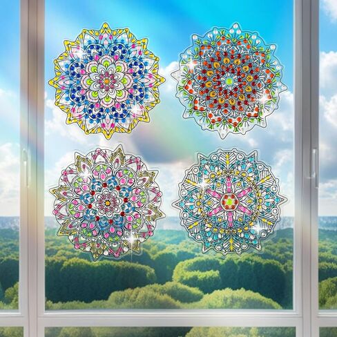 LINGFANG 4 Pcs Diamond Art Stained Glass Window Clings with Diamond DIY Pen Tools, Diamond Painting Window Stickers for Suncatchers, Diamond Art Kits for Adults, Diamond Art Accessories (Mandala 4) in Kuwait