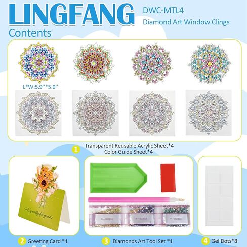 LINGFANG 4 Pcs Diamond Art Stained Glass Window Clings with Diamond DIY Pen Tools, Diamond Painting Window Stickers for Suncatchers, Diamond Art Kits for Adults, Diamond Art Accessories (Mandala 4) in Kuwait