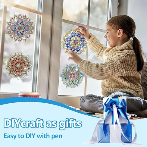 LINGFANG 4 Pcs Diamond Art Stained Glass Window Clings with Diamond DIY Pen Tools, Diamond Painting Window Stickers for Suncatchers, Diamond Art Kits for Adults, Diamond Art Accessories (Mandala 4) in Kuwait