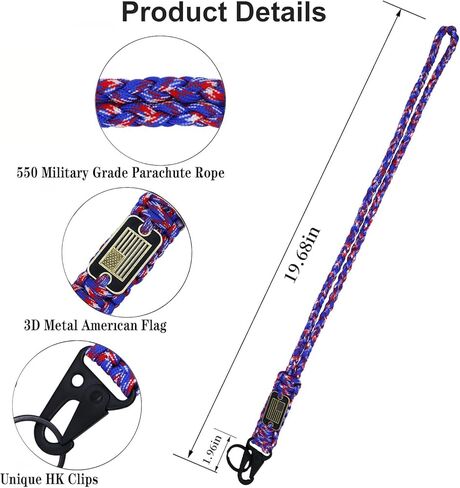 2 أجهزة كمبيوتر مفتاح قابلة للسحب ، حامل شارة Carabiner الثقيلة مع بكرة مقطع معرف قابلة للتمديد ، USA Flag Paracord Lanyard ، Cable Cable & Parachute Rope Necklace in Kuwait