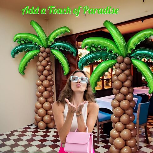 Tropical Palm & Coconut Trees Balloons - 12 Foil Green & 10 Latex Brown & Deep Brown Magic Balloons - Suitable for Hawaii Luau Party, Birthday, Baby Shower in Saudi Arabia