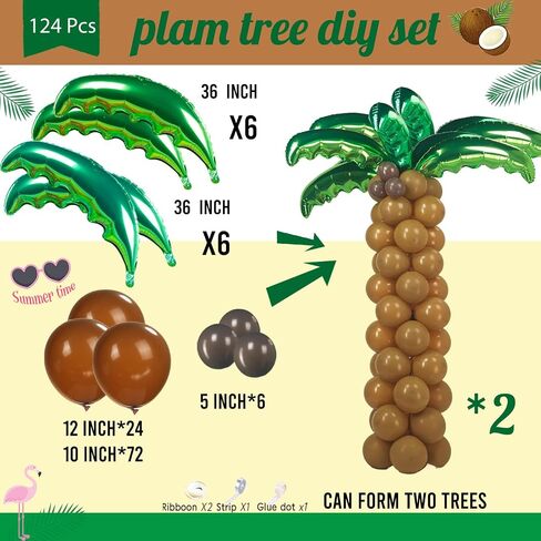 Tropical Palm & Coconut Trees Balloons - 12 Foil Green & 10 Latex Brown & Deep Brown Magic Balloons - Suitable for Hawaii Luau Party, Birthday, Baby Shower in Saudi Arabia