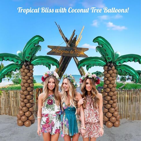 Tropical Palm & Coconut Trees Balloons - 12 Foil Green & 10 Latex Brown & Deep Brown Magic Balloons - Suitable for Hawaii Luau Party, Birthday, Baby Shower in Saudi Arabia