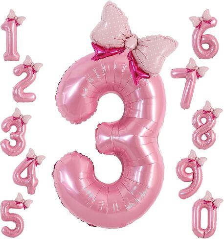 Vuzvuv 40 Inch Pink Bow Balloons Huge Foil Pink Number Balloon No.3 for Birthday Party Decoration, Mini Bowtie Balloon for 3rd Birthday Baby Shower Anniversary in Kuwait