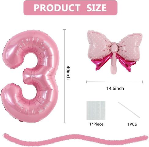 Vuzvuv 40 Inch Pink Bow Balloons Huge Foil Pink Number Balloon No.3 for Birthday Party Decoration, Mini Bowtie Balloon for 3rd Birthday Baby Shower Anniversary in Kuwait