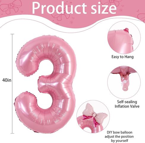 Vuzvuv 40 Inch Pink Bow Balloons Huge Foil Pink Number Balloon No.3 for Birthday Party Decoration, Mini Bowtie Balloon for 3rd Birthday Baby Shower Anniversary in Kuwait