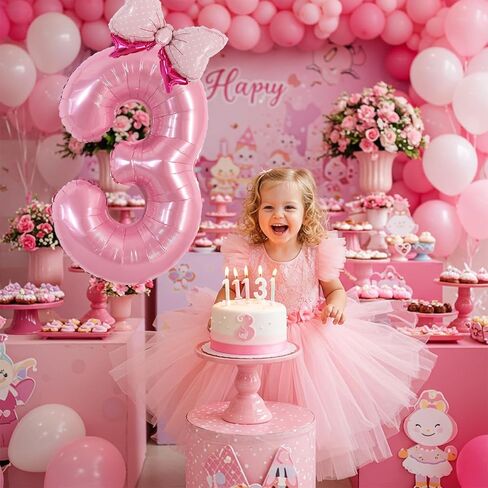 Vuzvuv 40 Inch Pink Bow Balloons Huge Foil Pink Number Balloon No.3 for Birthday Party Decoration, Mini Bowtie Balloon for 3rd Birthday Baby Shower Anniversary in Kuwait