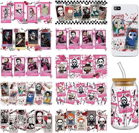 10 Sheets Halloween UV DTF Cup Wraps Bulk for 16 OZ, Horror Cartoon Decals UV DTF Cup Wraps Transfer Stickers for Glass Cups Tumblers (B) in Saudi Arabia