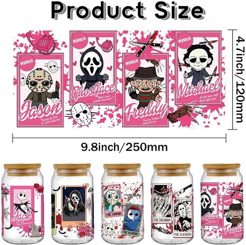 10 Sheets Halloween UV DTF Cup Wraps Bulk for 16 OZ, Horror Cartoon Decals UV DTF Cup Wraps Transfer Stickers for Glass Cups Tumblers (B) in Saudi Arabia