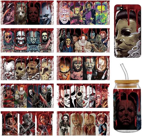10 Sheets Halloween UV DTF Cup Wraps Bulk for 16 OZ, Horror Cartoon Decals UV DTF Cup Wraps Transfer Stickers for Glass Cups Tumblers (B) in Saudi Arabia