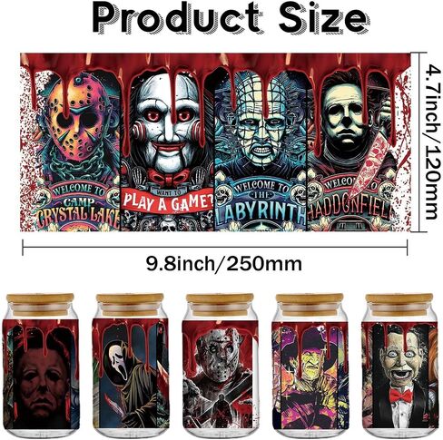 10 Sheets Halloween UV DTF Cup Wraps Bulk for 16 OZ, Horror Cartoon Decals UV DTF Cup Wraps Transfer Stickers for Glass Cups Tumblers (B) in Saudi Arabia