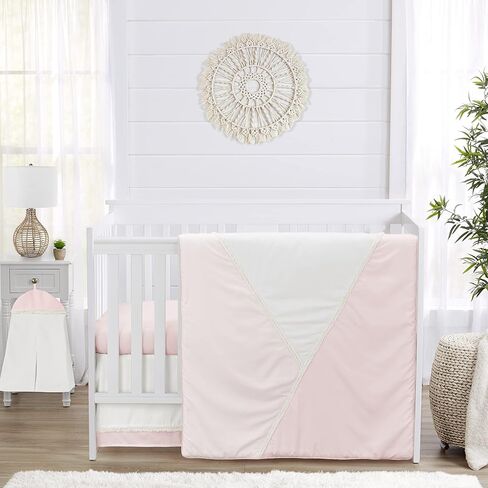 Sweet Jojo Designs Pink Boho Bohemian Baby Girl Nursery Crib Bedding Set - 4 pieces - Solid Color Blush Shabby Chic Princess Luxurious Luxury Elegant Vintage Designer Boutique Victorian Embroidered in Saudi Arabia