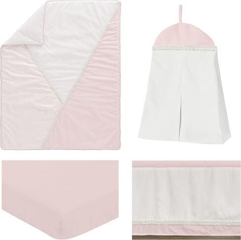 Sweet Jojo Designs Pink Boho Bohemian Baby Girl Nursery Crib Bedding Set - 4 pieces - Solid Color Blush Shabby Chic Princess Luxurious Luxury Elegant Vintage Designer Boutique Victorian Embroidered in Saudi Arabia