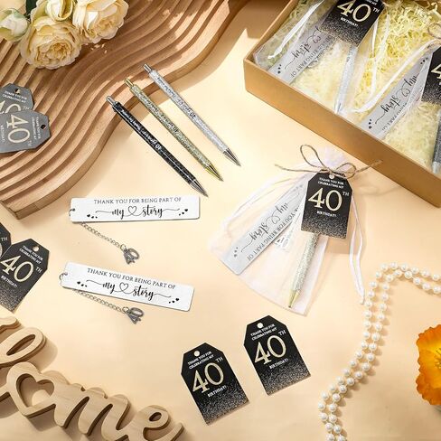 24 مجموعة 60 عيد ميلاد لضيوف حفل الذكرى الذكرى لصالح الشكر على قادمة Glitter Perpant Pen Mongmark شكرًا لك بطاقة Organza Bag على تقدير هدية عيد ميلاد التذكارات البالغة (60) in Kuwait