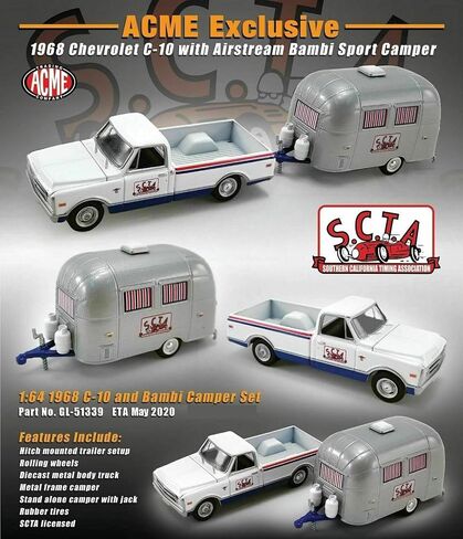 1/64 سيارة طراز Diecast لعام 1968 شيفروليه C-10 مع 16 'Airstream Bambi Sport Camper Greenlight لـ ACME 51339 in Saudi Arabia
