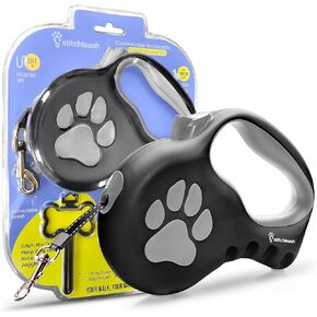 Retractable Dog Leash for Large & Extra Large Dogs (Up to 110lbs) - Customizable, Patented, Reflective Design, Ergonomic Handle, Includes Hooks & Poop Bag Holder & Dispenser - Black