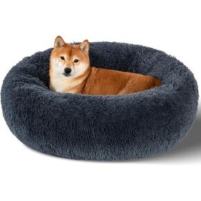 Dog Calming Beds for Medium Large Dogs - Round Donut Washable Puppy Dog Bed, Anti-Slip Faux Fur Fluffy Donut Cuddle Anxiety Cat Pet Bed(36" Dark Grey)