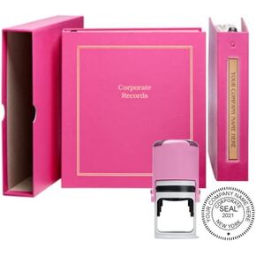 Corporate Kit (Pink) - Binder, Slipcase, Minutes & Bylaws, Stock Certificates, Index Tabs & Pink R-542 Self-Inking Corporate Seal Stamp