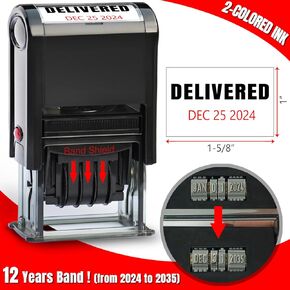 Delivered Stamps with Date Self-Inking Business Stamps with Date for Office Supplies, Delivered Date Stamp 12-Year Bands 2-Colored Ink Black/Red (Delivered Stamps with Date)