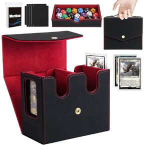 WERTIOO MTG Commander Deck Box with Handle – Dual Display Windows & 1 Dice Tray & 100 Sleeves – Holds 230+ Double-Sleeved Cards – TCG Storage Organizer for EDH, CCG, Sports(Black Red)