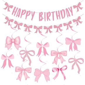 Pink Bow Birthday Decorations, Glitter Happy Birthday Banner and Hanging Swirls for Women Girls Bow Themed Party Decor, Baby Shower Party Supplies